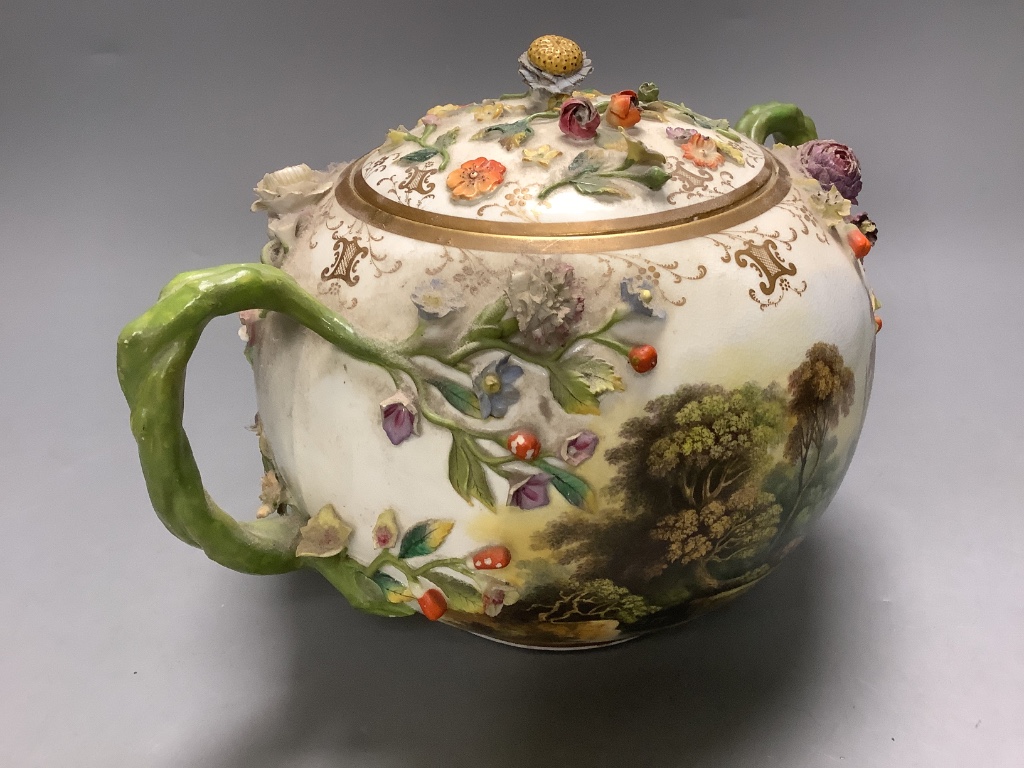 A Minton Meissen style flower encrusted large bowl and cover, c.1835, 17cm, pseudo crossed swords marks